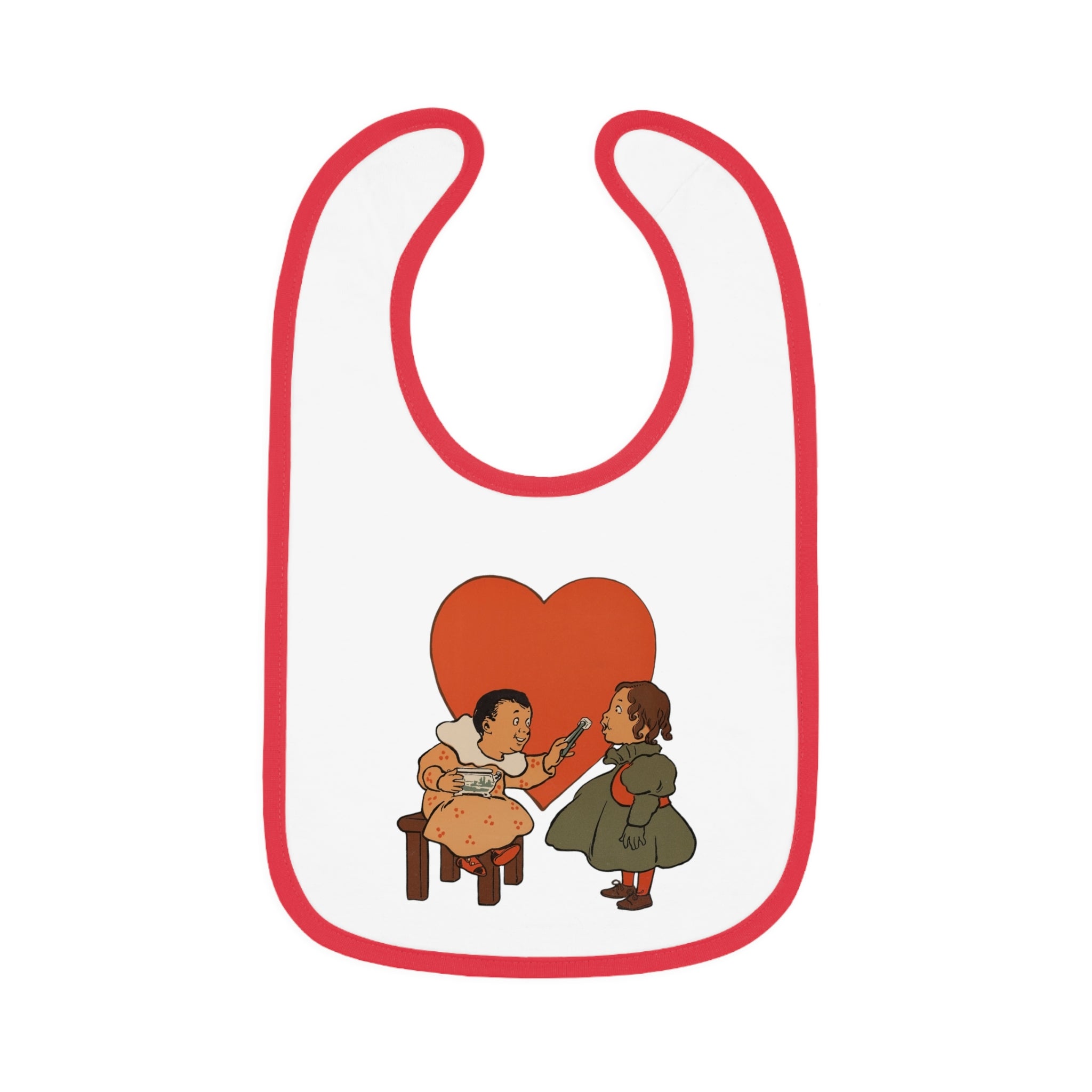 Baby bib with illustration of two children holding a heart and red border