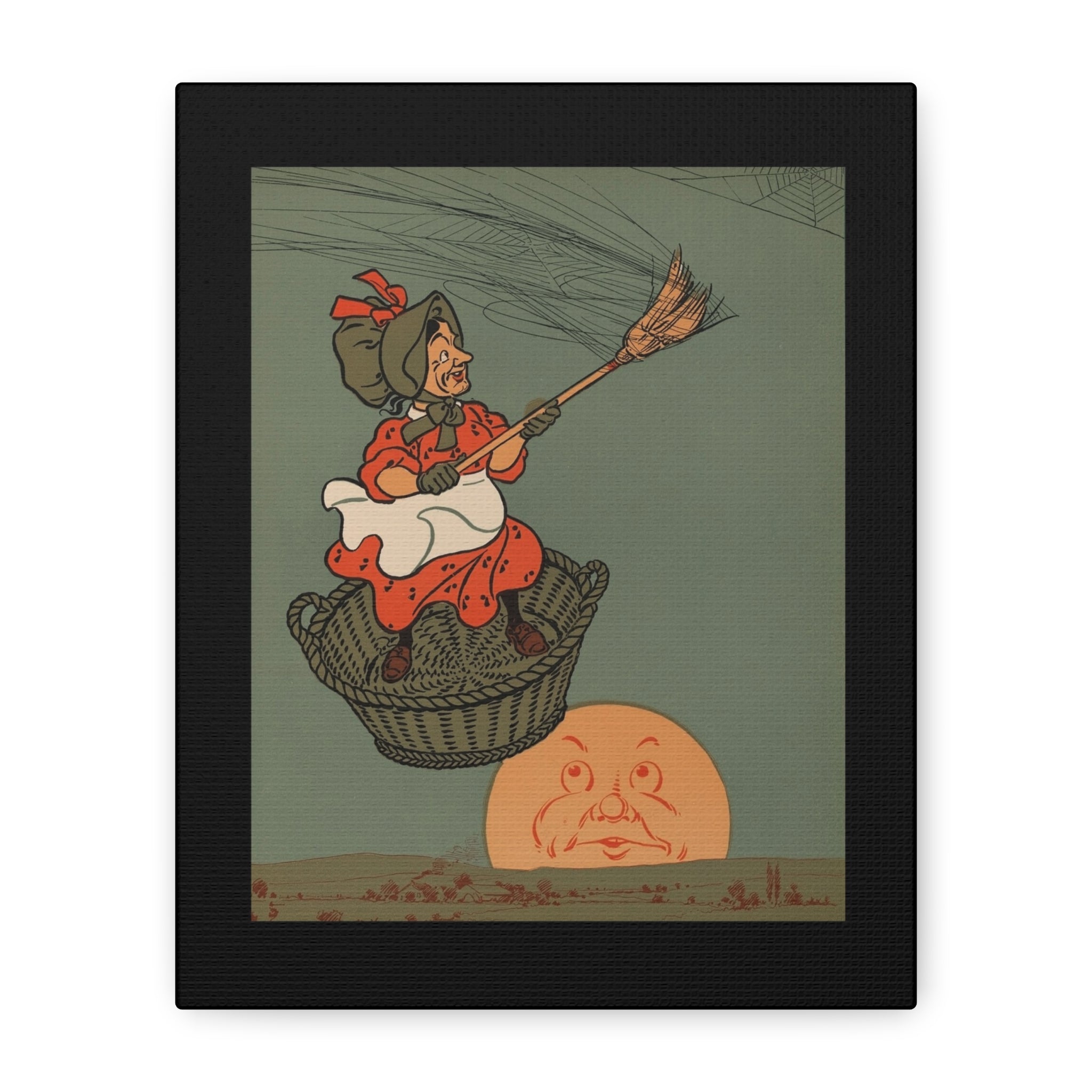 Illustration of the old woman who went up in a basket sweeping cobwebs from the sky. She is wearing a red dress and bonnet holding a broom, sitting in a basket above a face.