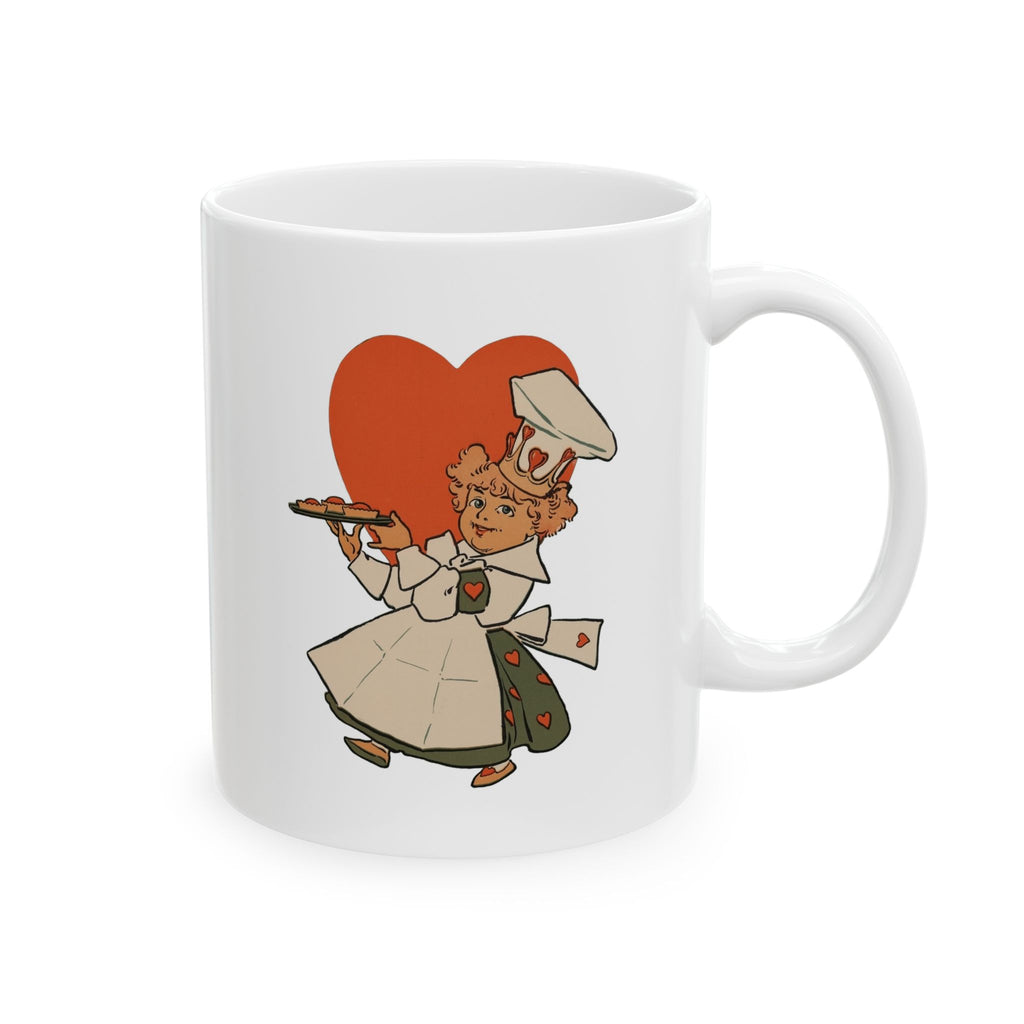 White mug showing the Queen of Hearts holding a tray of tarts on a white background. From Denslow's Mother Goose.