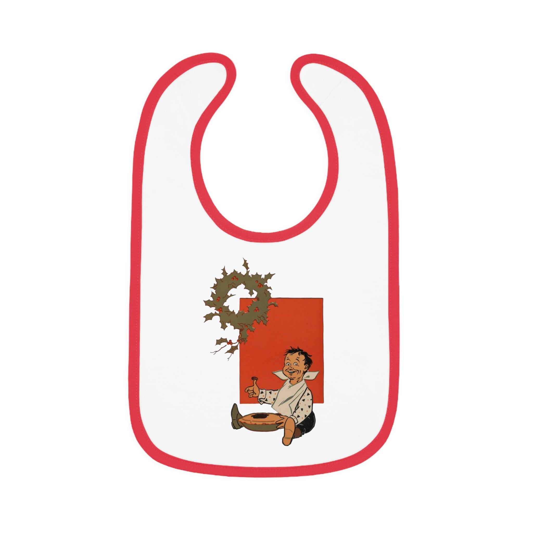 Baby bib with Little Jack Horner and wreath design on a white background