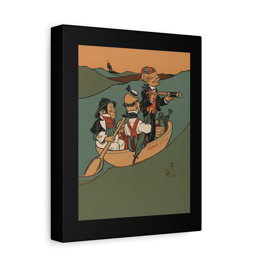 Framed artwork of three wise men of Gotham in a canoe with a scenic background. From Denslow's Mother Goose