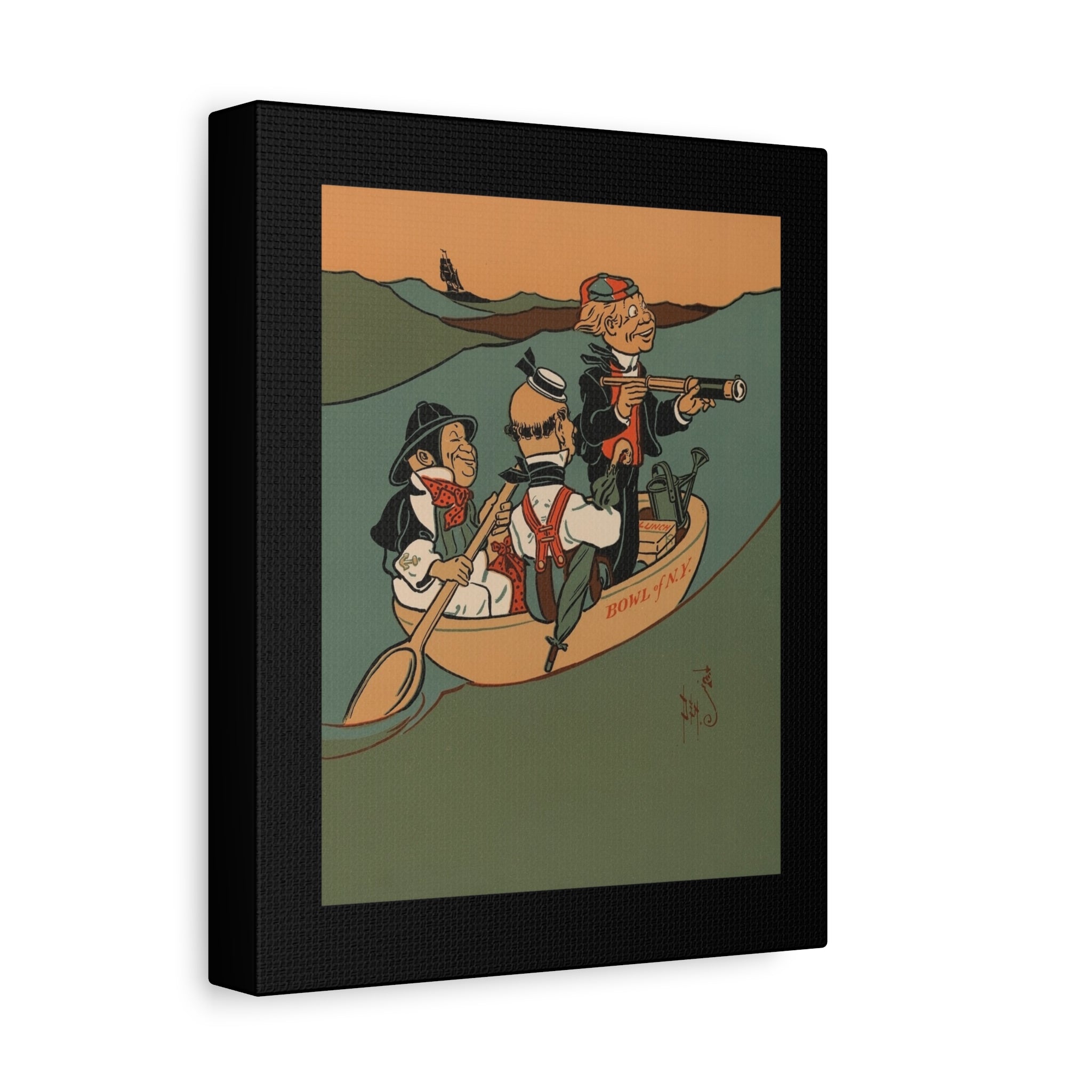 Framed artwork of three wise men of Gotham in a canoe with a scenic background. From Denslow's Mother Goose