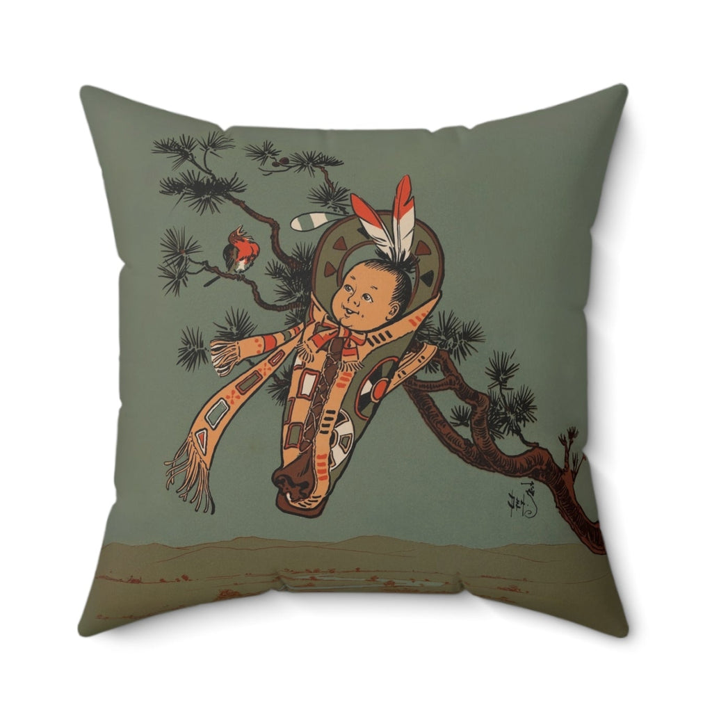 Decorative pillow with a Native American design on a green background