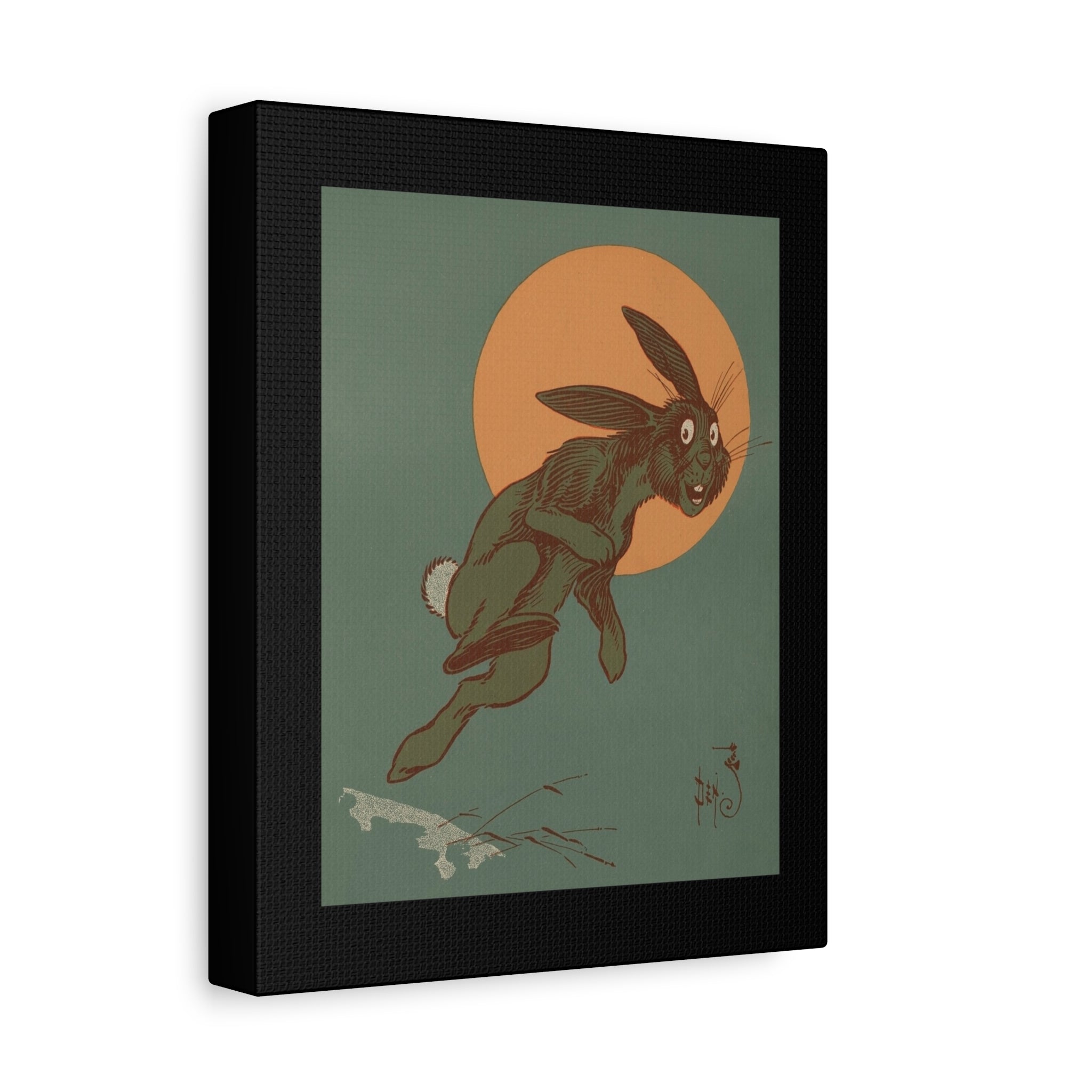 Framed artwork of a rabbit leaping with a sunset in the background on a green canvas.
