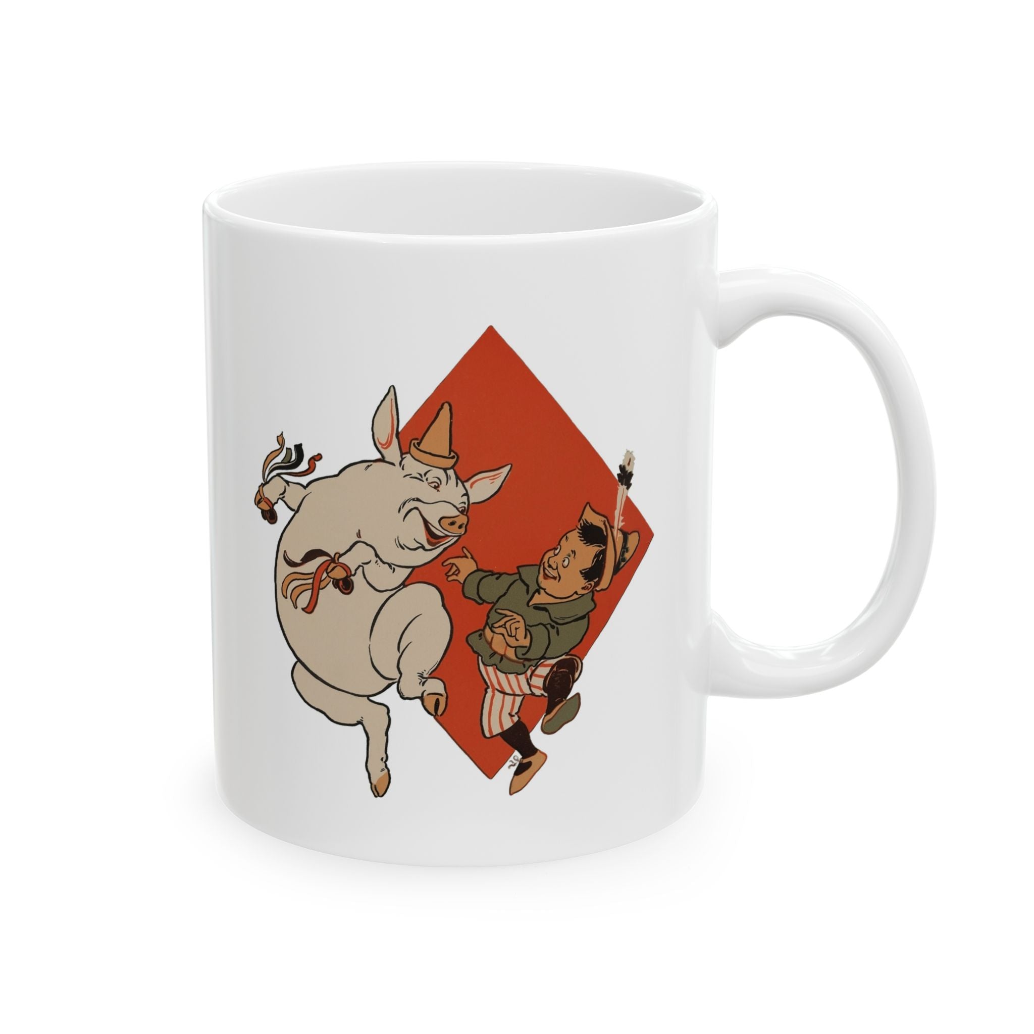 White mug with a boy dancing with a pig from Denslow's To Market To Market Mother Goose Nursery rhyme. 
