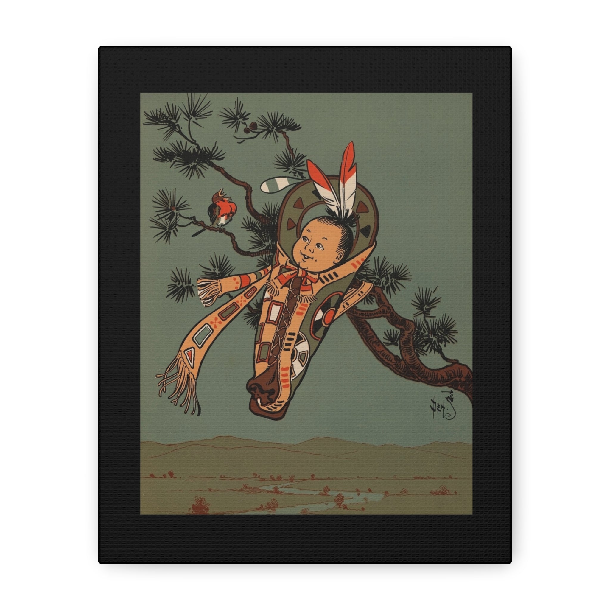 Framed artwork of Hush-a-Bye Baby as a Native American figure with feathers and a scarf against a landscape background.