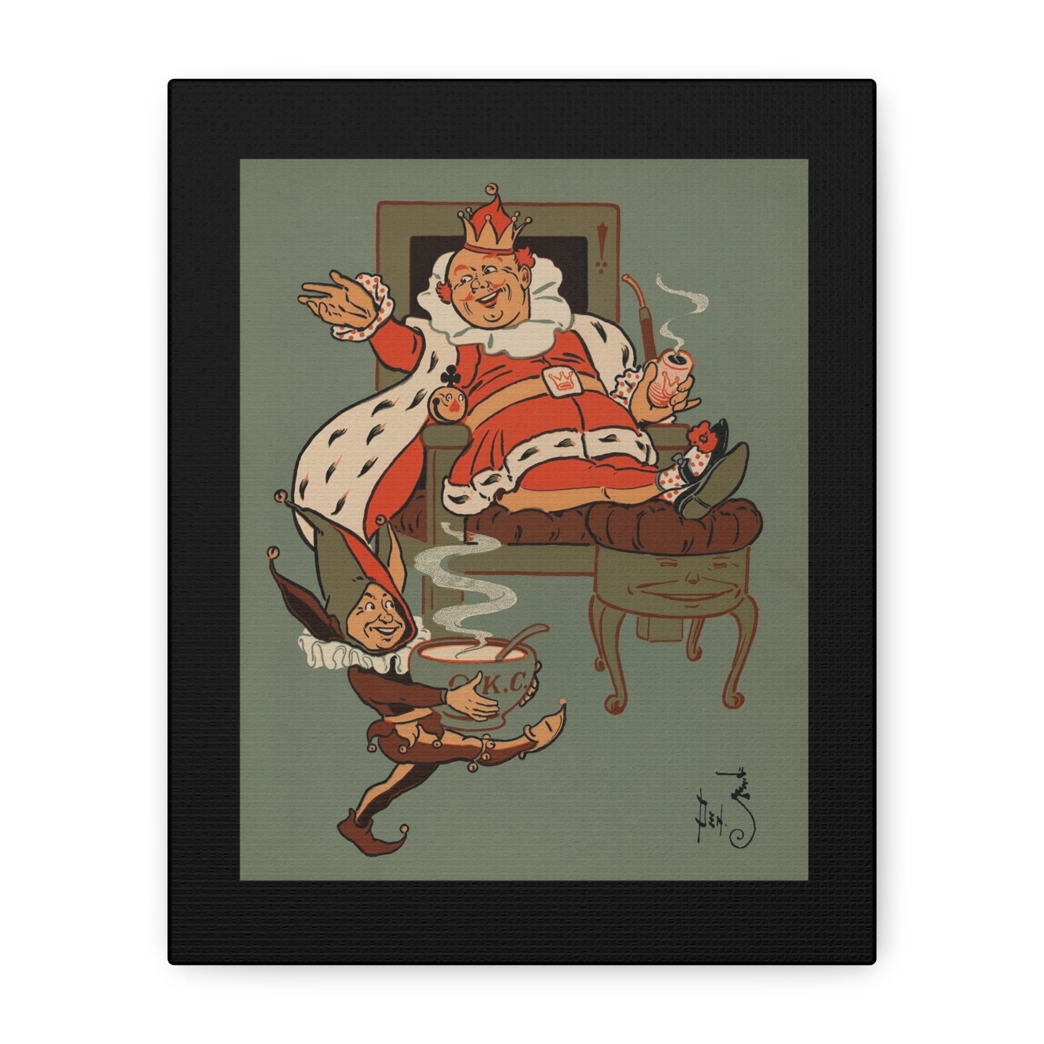 Old King Cole in a chair with an elf holding a pot, framed artwork.