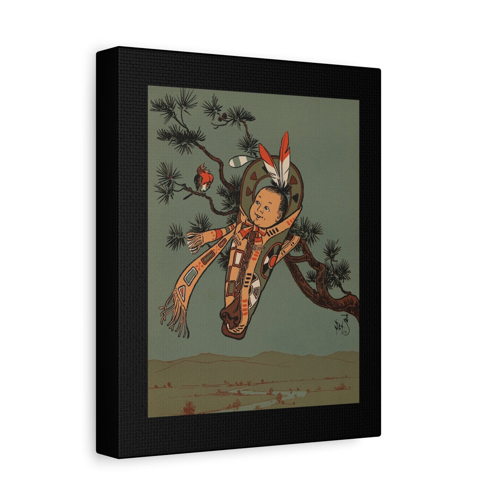 Framed artwork of a Hush-a-bye Baby from the Denslow Mother Goose book. The baby is in a carrier which is in a tree. There is a bird singing on the branch.