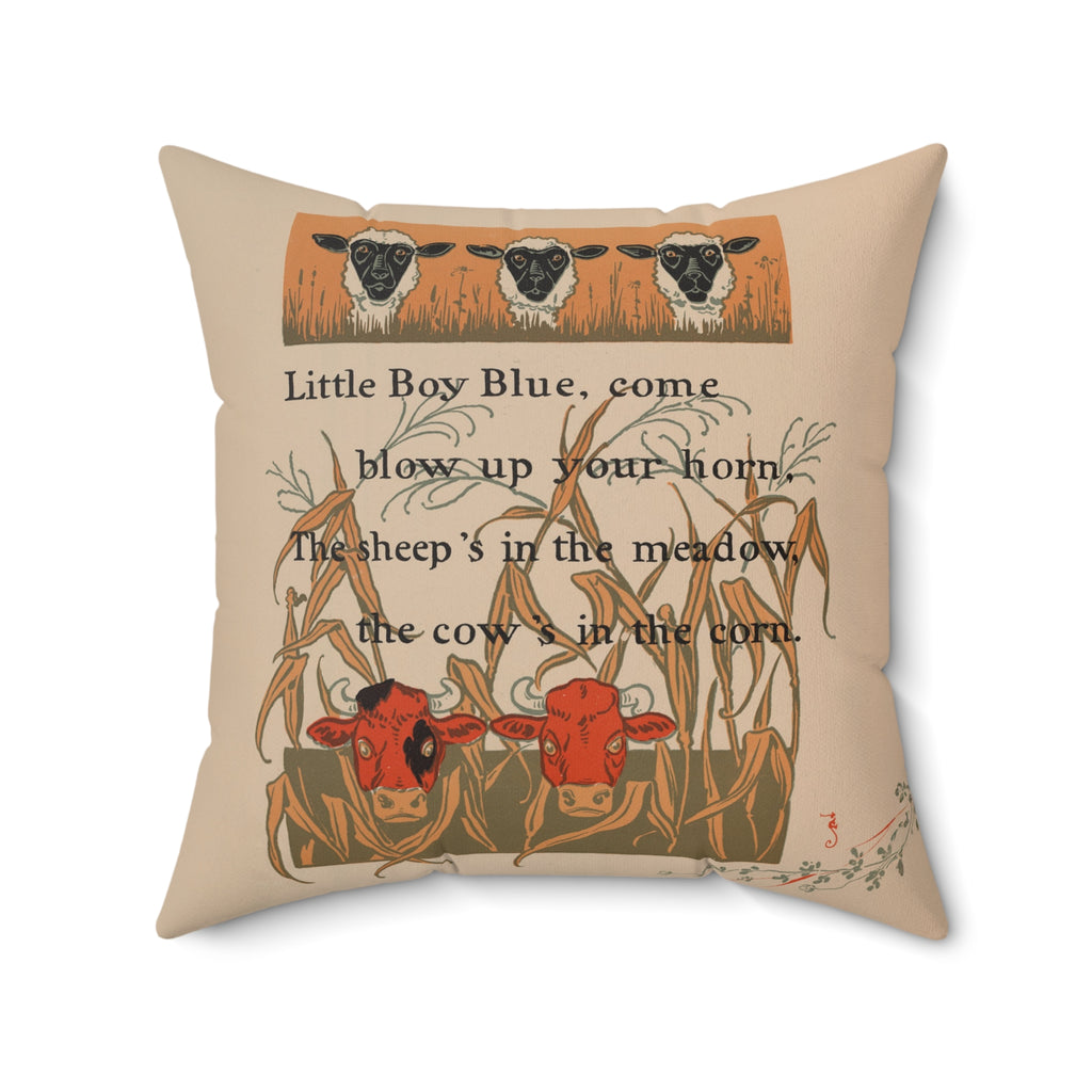 Decorative pillow with vintage-style illustration of sheep, cows, and text on a beige background
