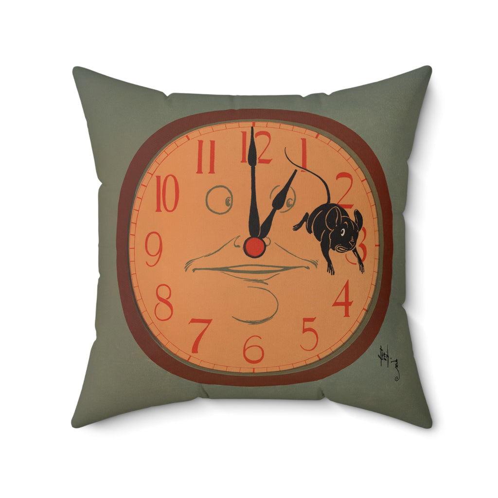 Decorative pillow with a clock design featuring a dog and a face on an orange background.