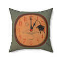 Decorative pillow with a clock design featuring a dog and a face on an orange background.