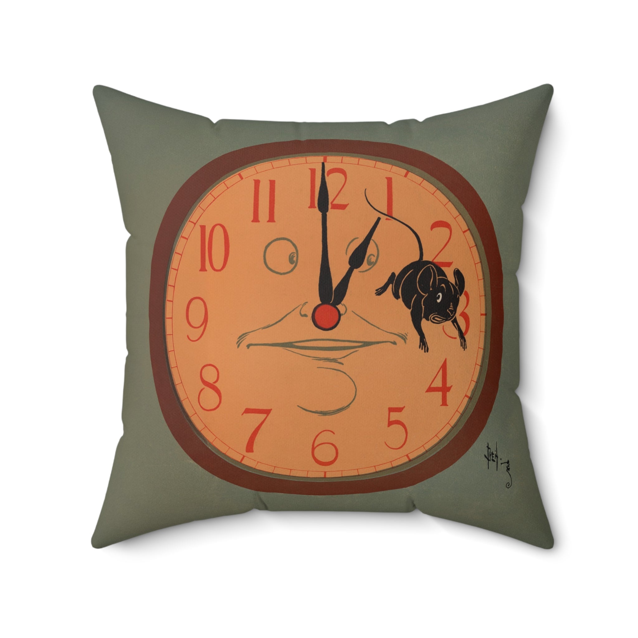Decorative pillow with a clock design featuring a dog and a face on an orange background.