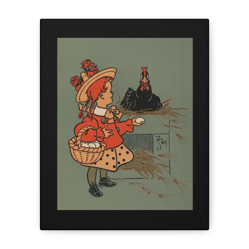 Vintage-style illustration of a girl with a chicken in a framed setting