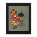 Vintage-style illustration of a girl with a chicken in a framed setting