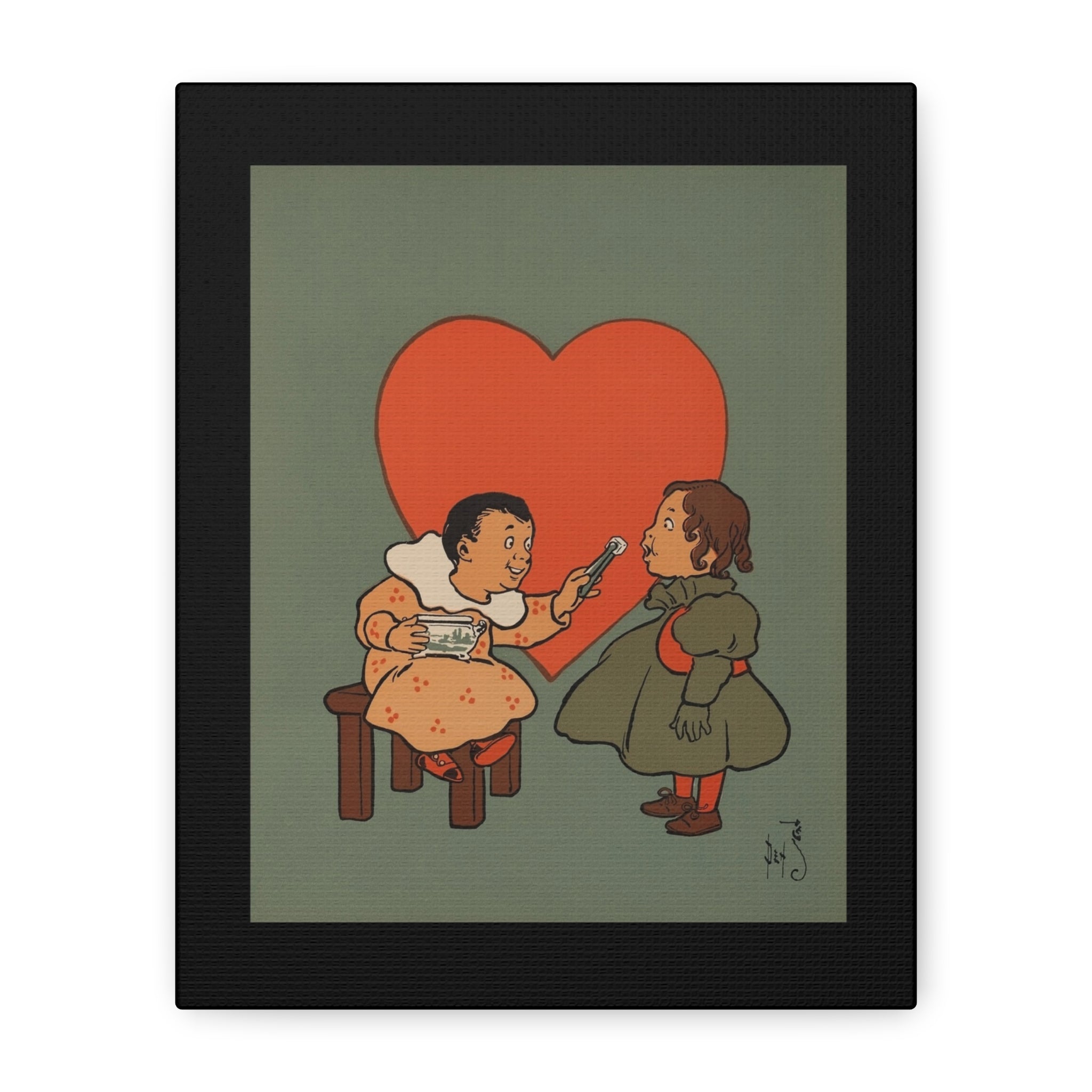 Illustration of two children with a large heart in the background, framed in black.