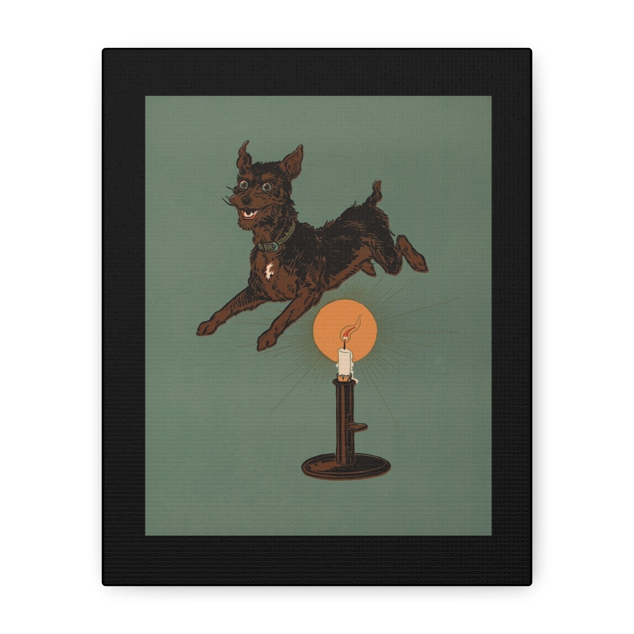 Framed artwork of Jack the dog leaping over a candlestick on a green background