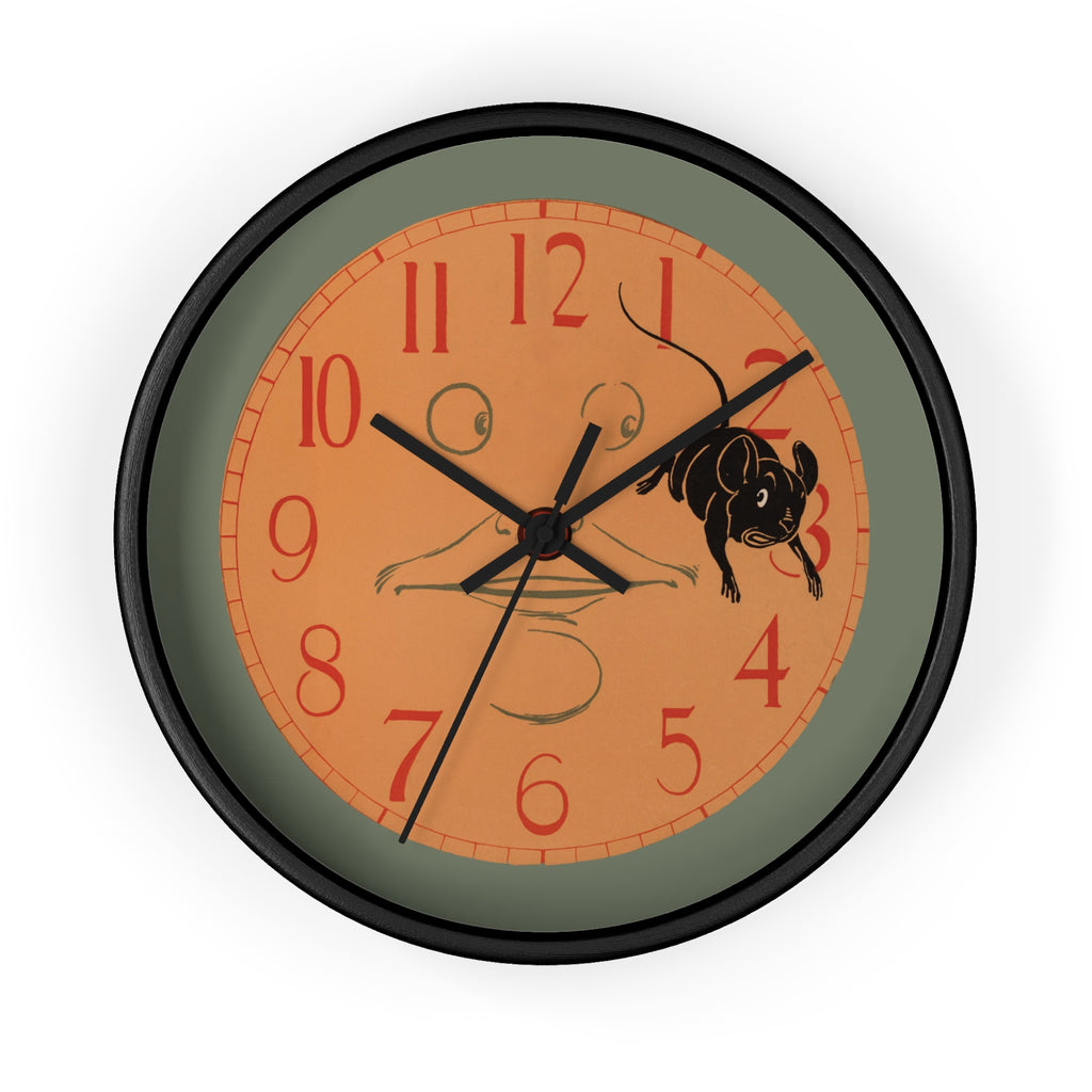 Wall clock with w.w. denslow design of a mouse jumping off the face of the clock.
