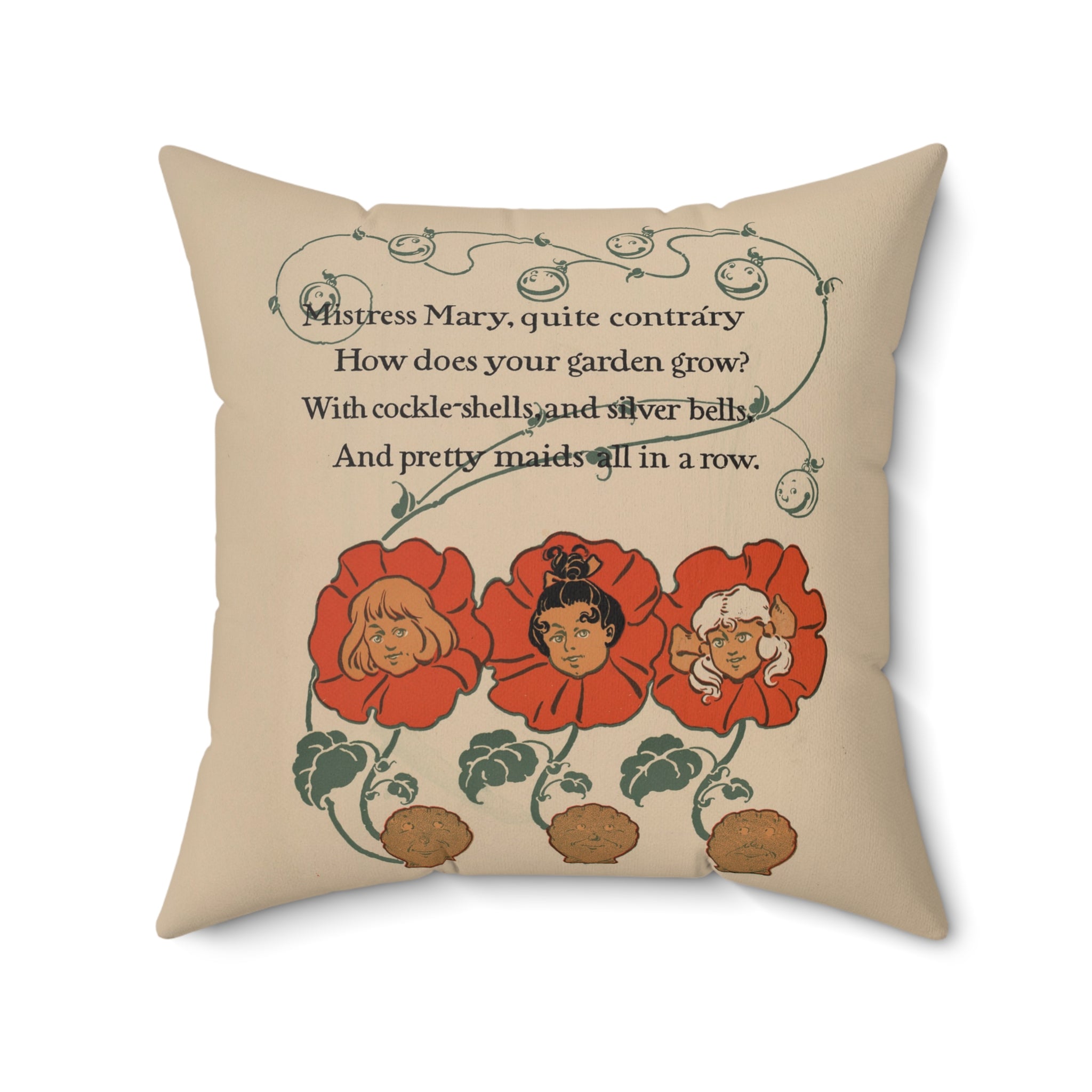 Decorative pillow with floral design and Mistress Mary quite contrary text on a beige background