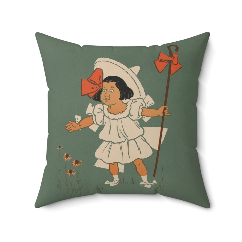 Decorative pillow with a vintage-style illustration of Little Bo Peep on a green background