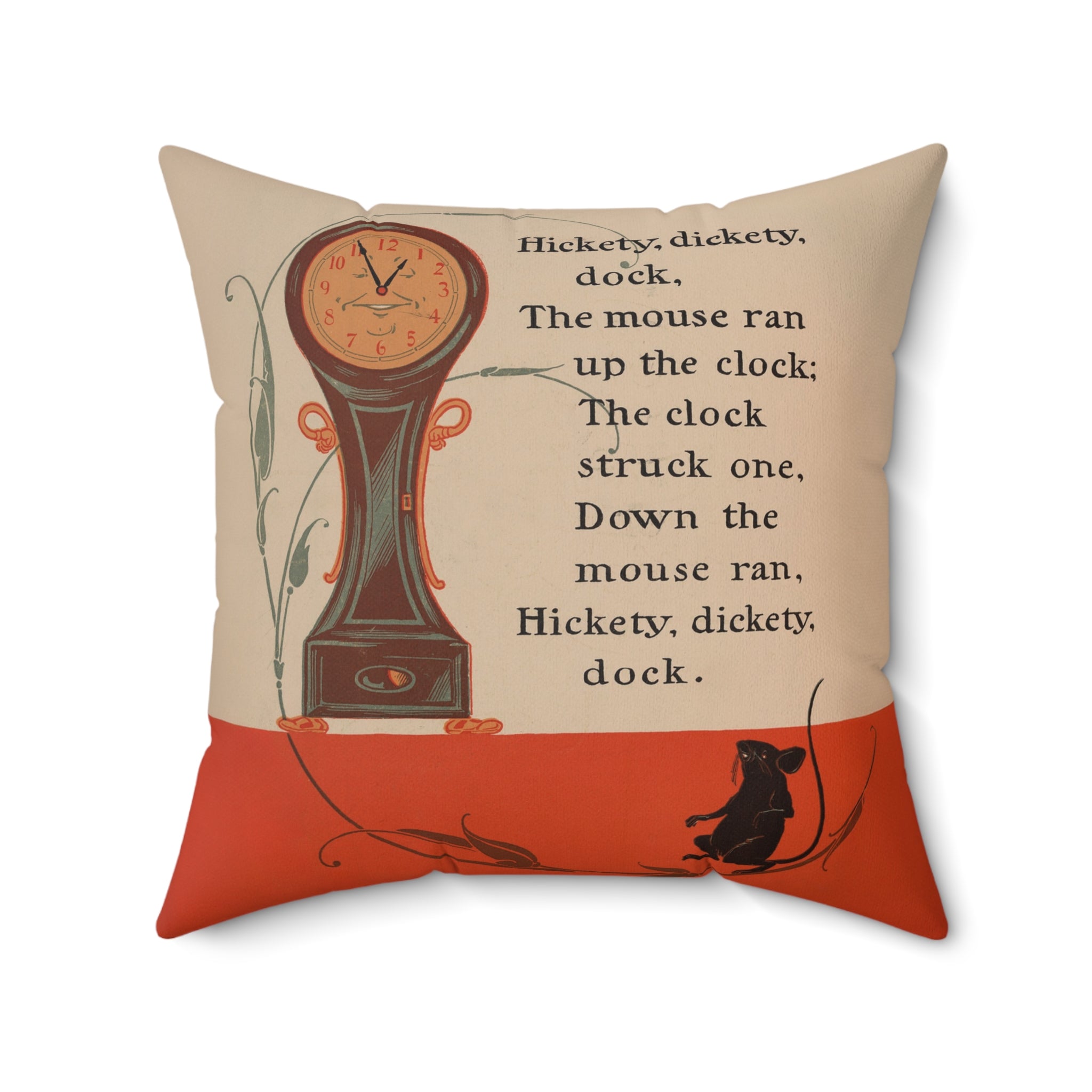 Decorative pillow with a clock design and nursery rhyme text on a beige and red background