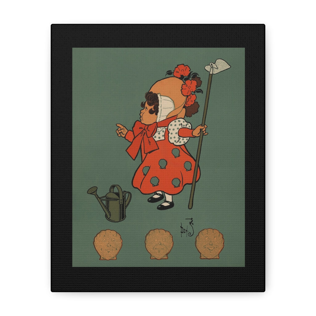 Illustration of Mistress Mary Quite Contrary in a red dress with a flower hat, holding a cane, on a green background.