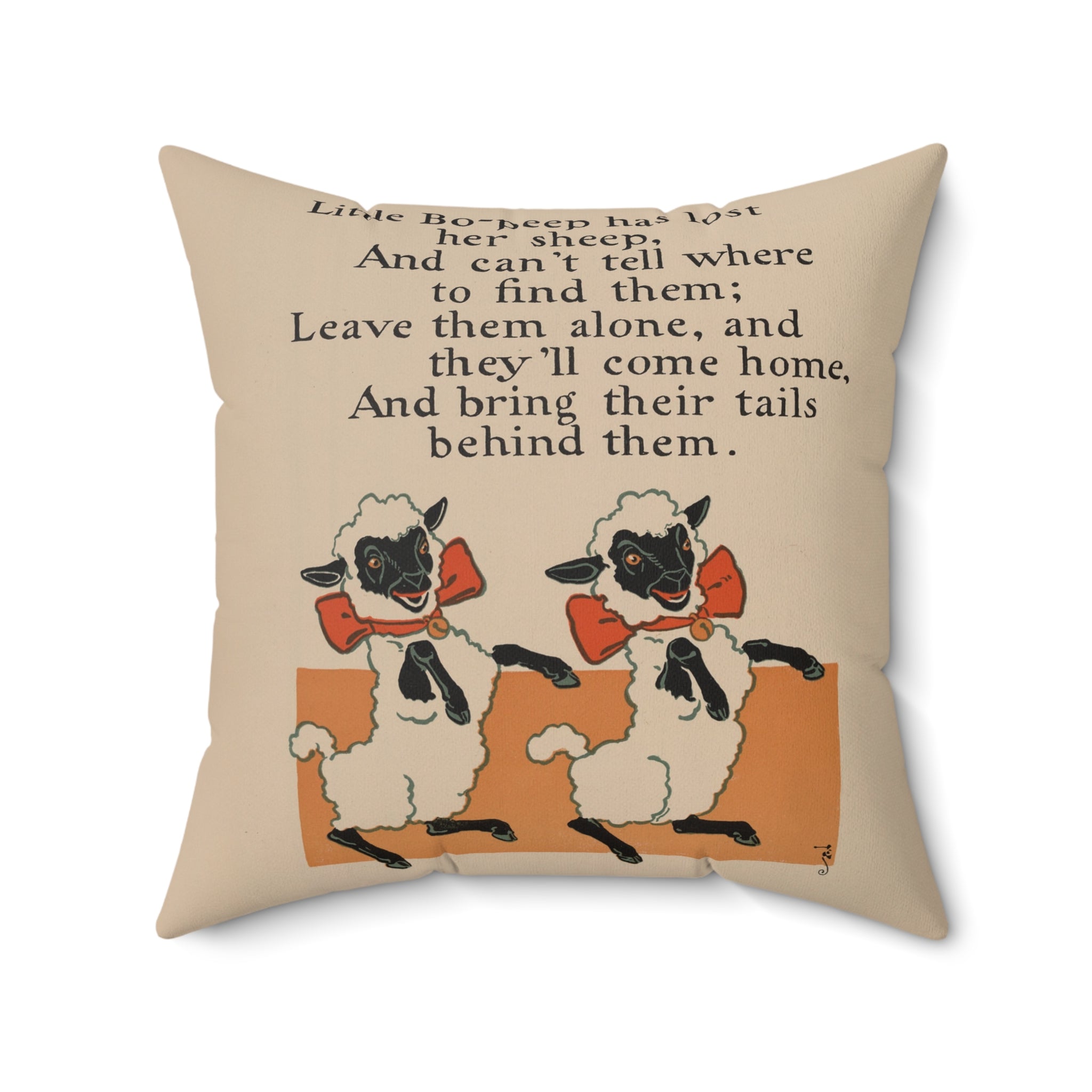 Decorative pillow with an illustration of sheep and vintage-style text on a beige background