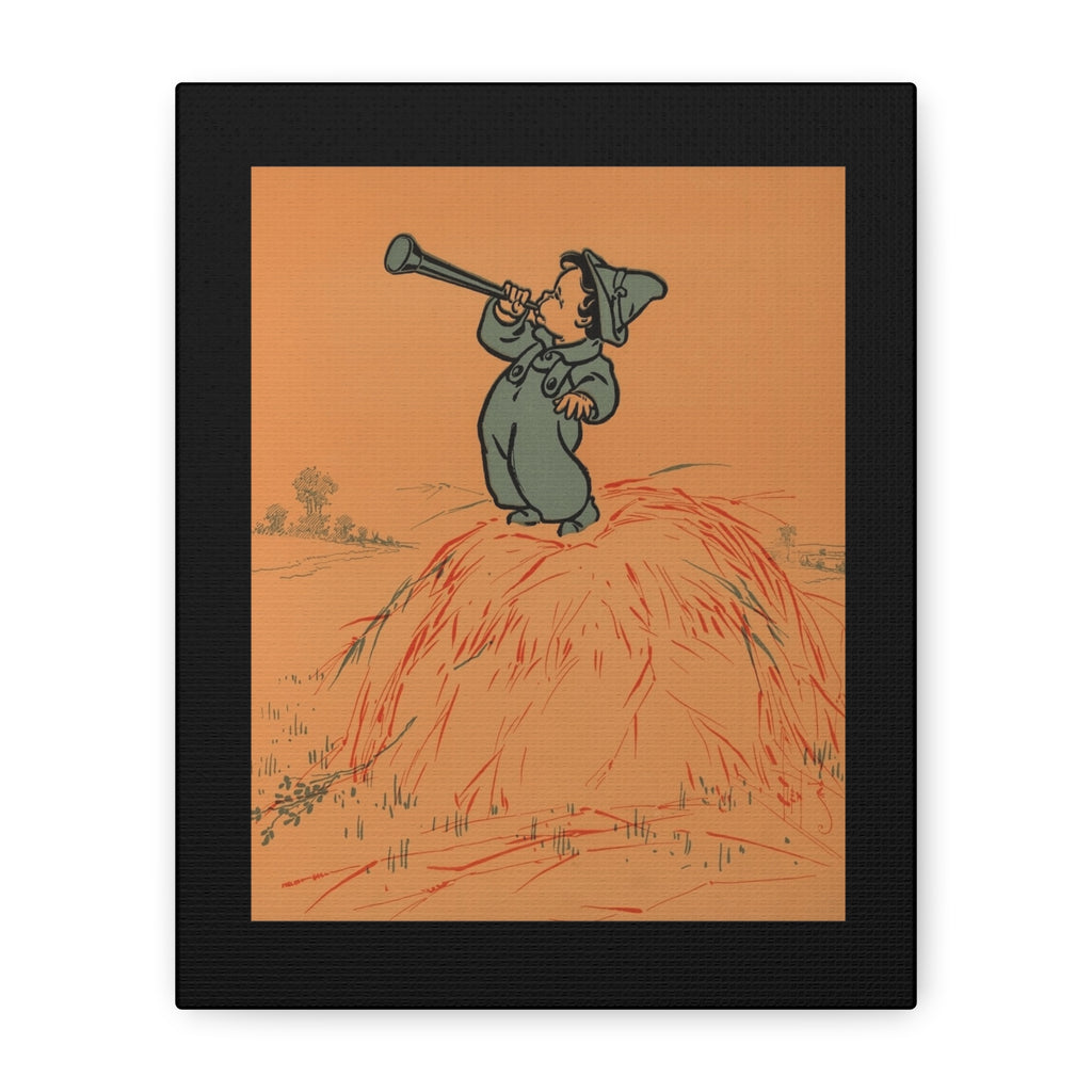 Illustration of Little Boy Blue on a hay bale playing a horn against an orange background