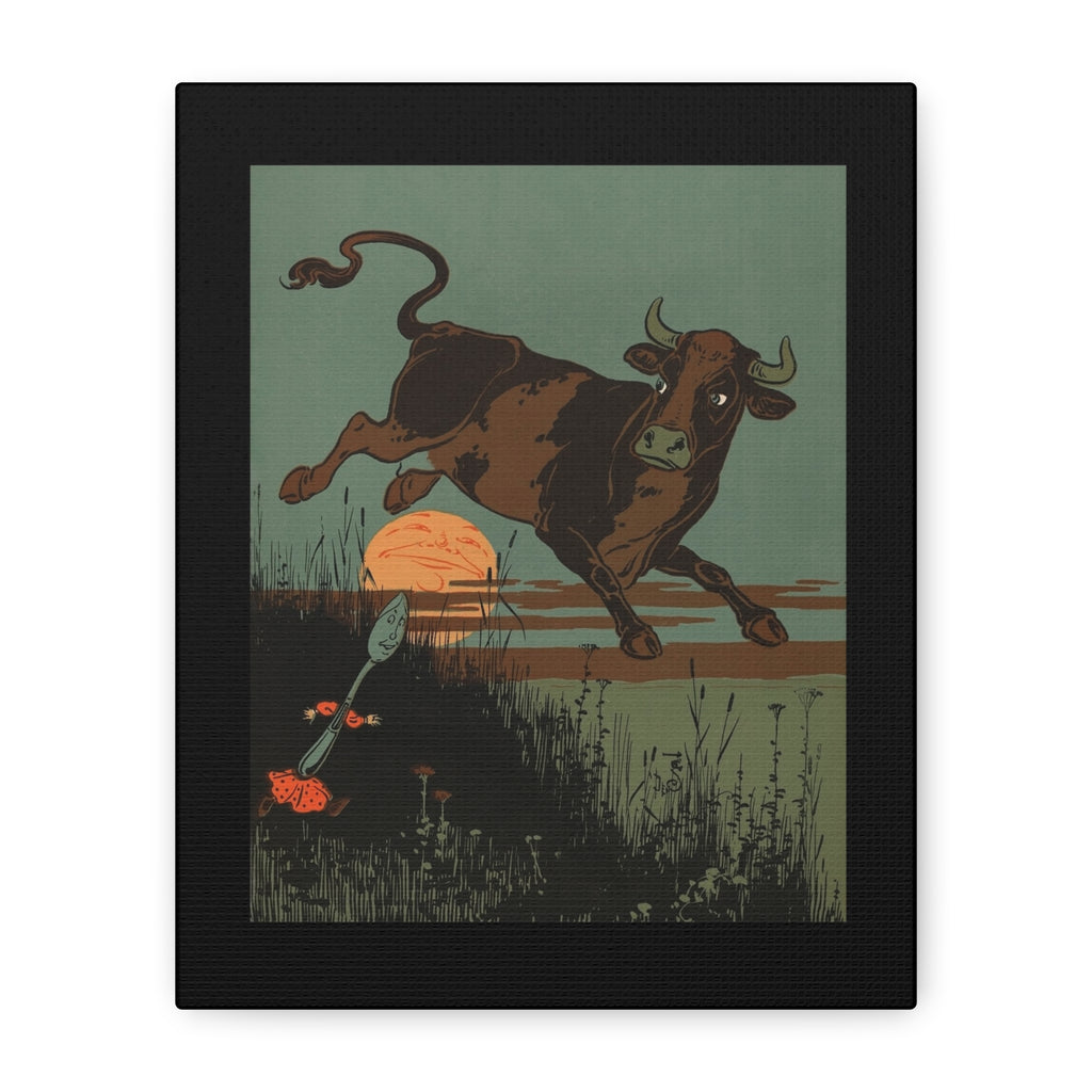 Framed artwork of Hey Diddle Diddle where the Cow runs away with the spoon. 