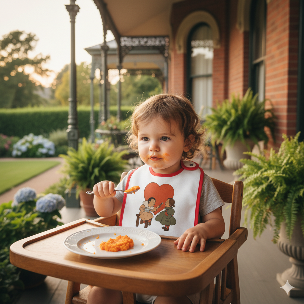 Child sitting in a high chair outdoors with a plate of food