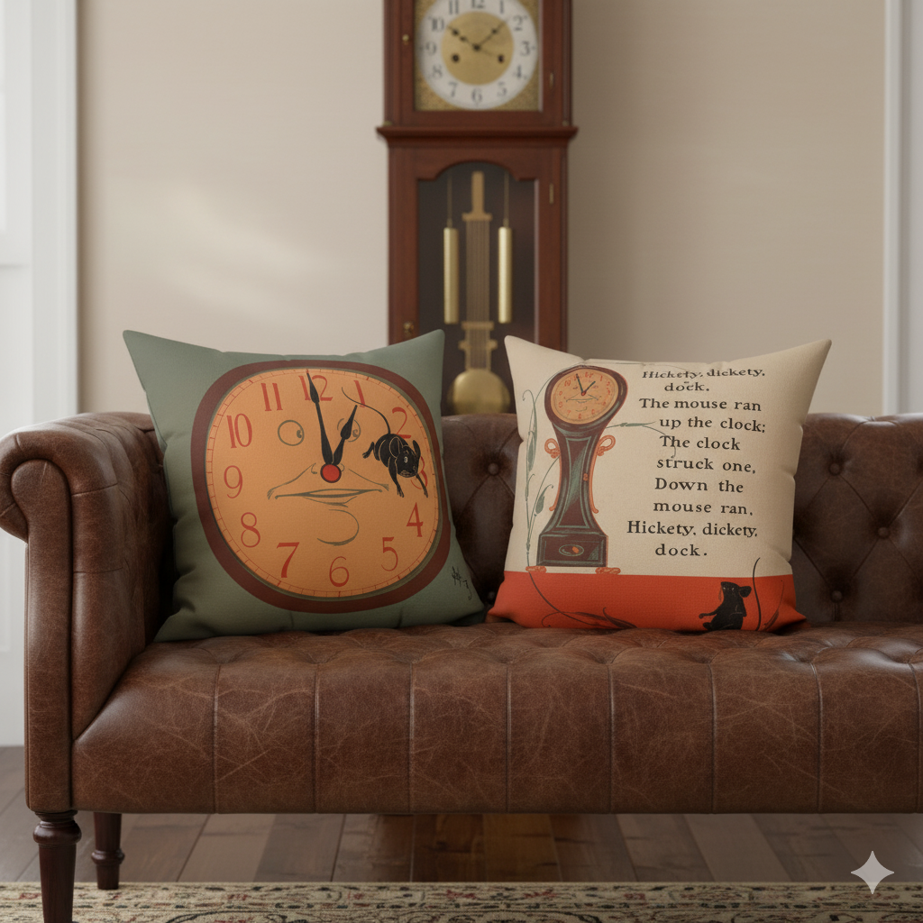 Nursery rhyme pillows on a leather bench with a clock in the background.