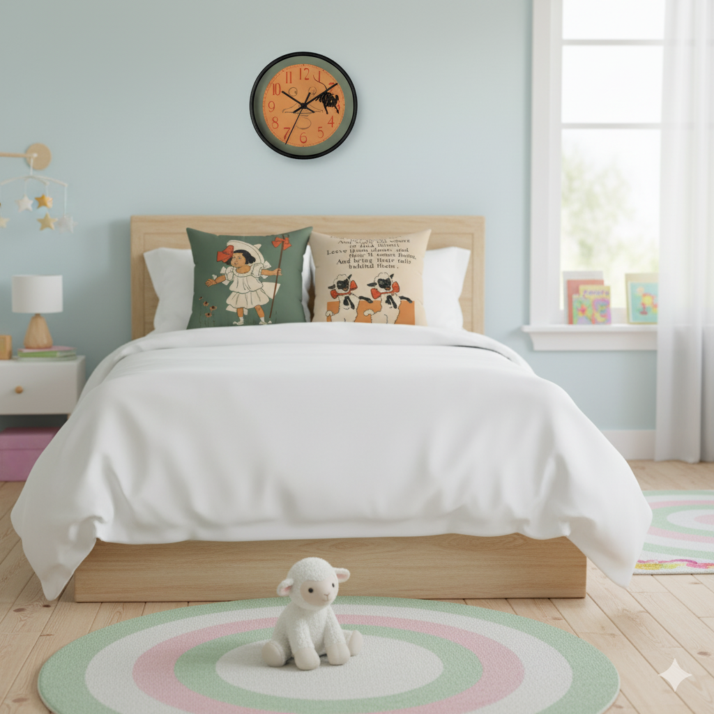 Children's bedroom with a bed, pillows, and a clock on the wall.