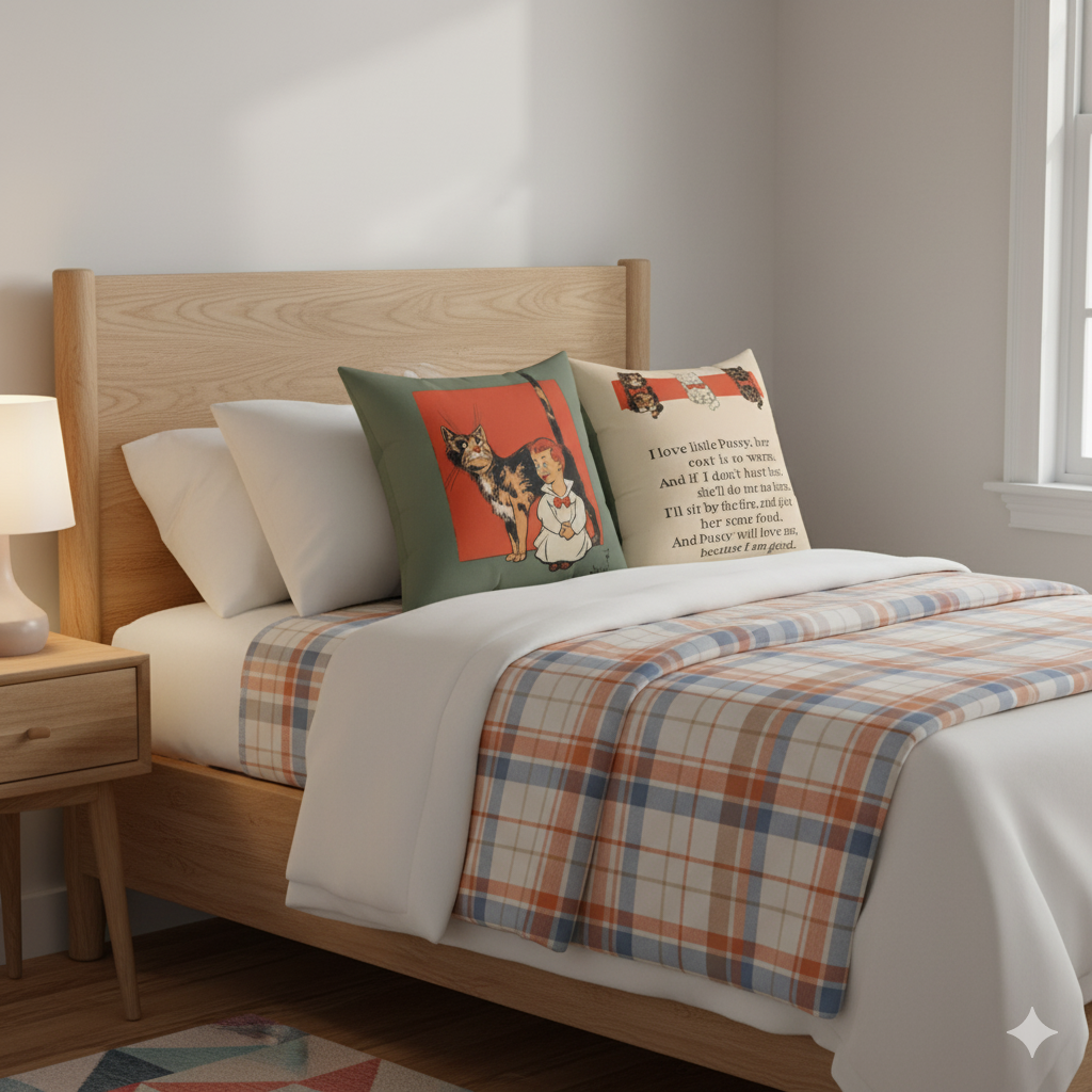 Bedroom with wooden bed, plaid blanket, and decorative pillows.