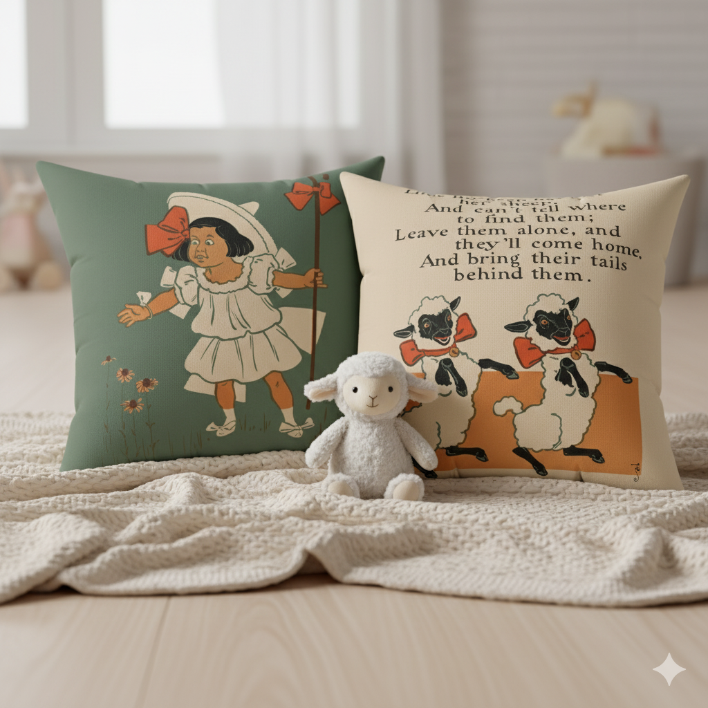 Two decorative pillows with illustrations and a plush toy on a couch.