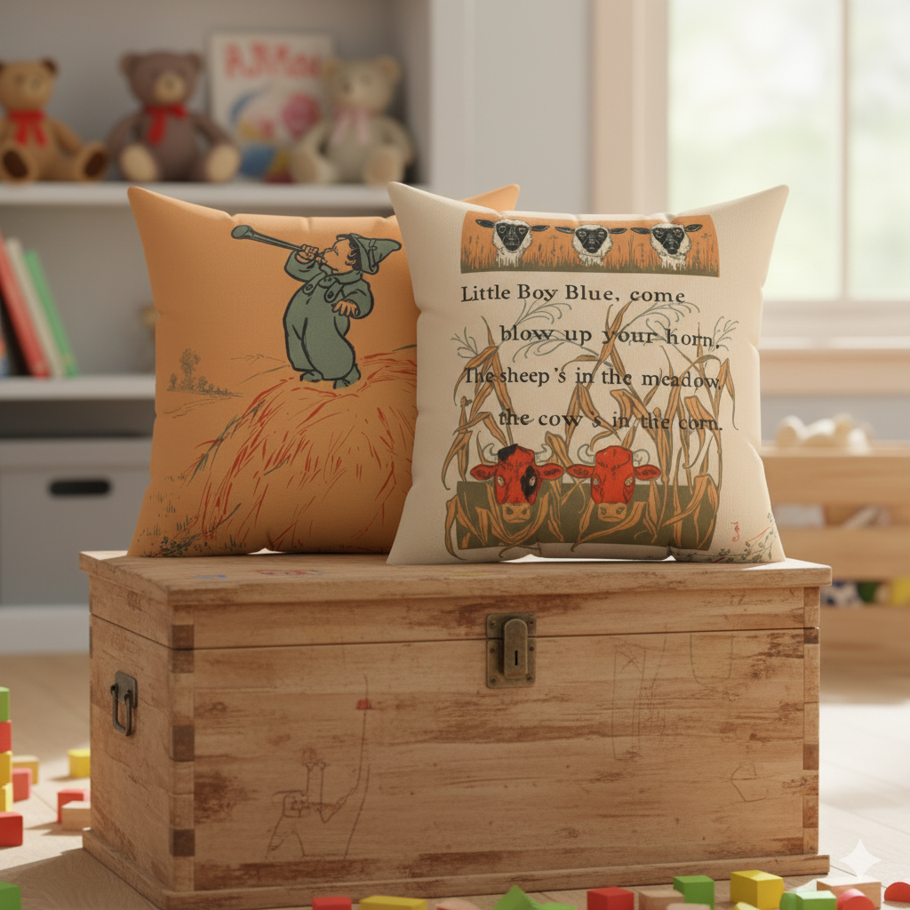 Two decorative pillows with vintage illustrations on a wooden chest, with toys and books in the background.