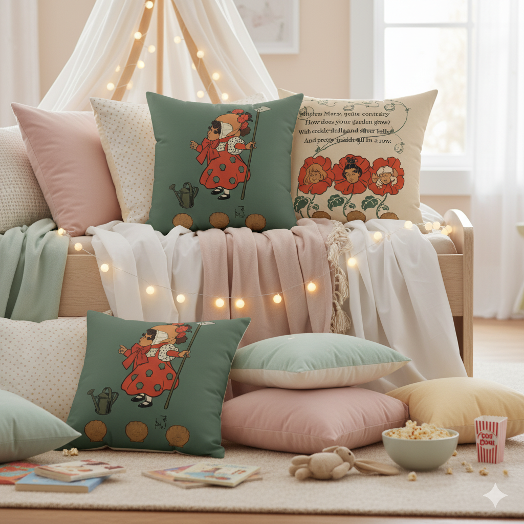Children's room with colorful pillows and a cozy setup.