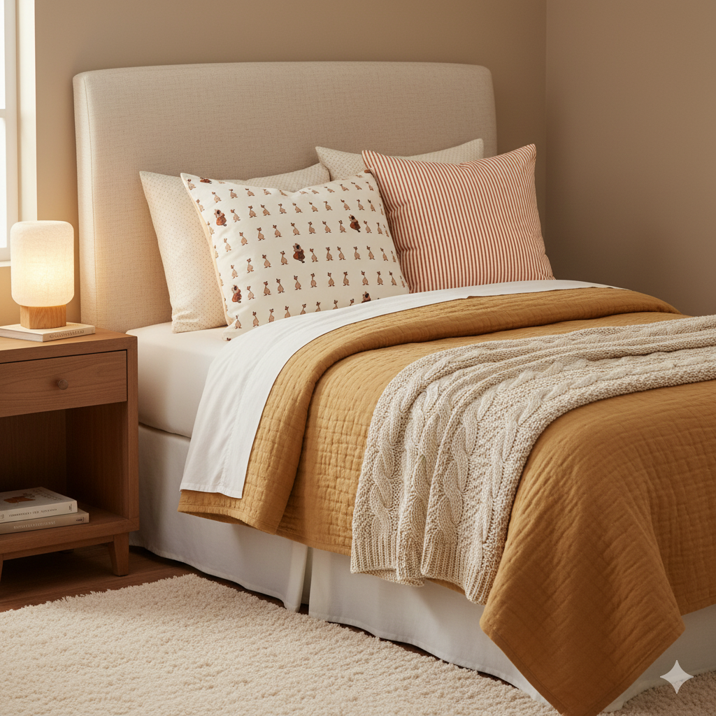 Cozy bedroom with a bed featuring pillows and blankets, a nightstand with a lamp, and a neutral color scheme.