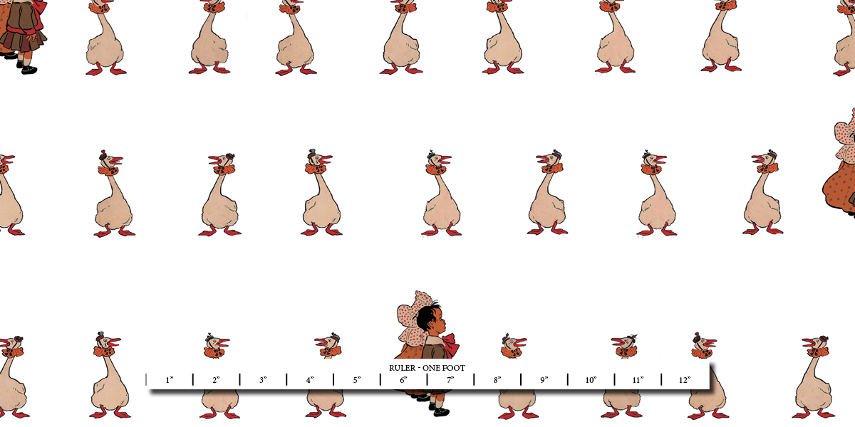 Cartoon duck pattern with a ruler at the bottom for scale on a white background