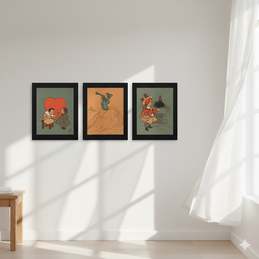 Three framed artworks on a wall with a curtain and table in the background