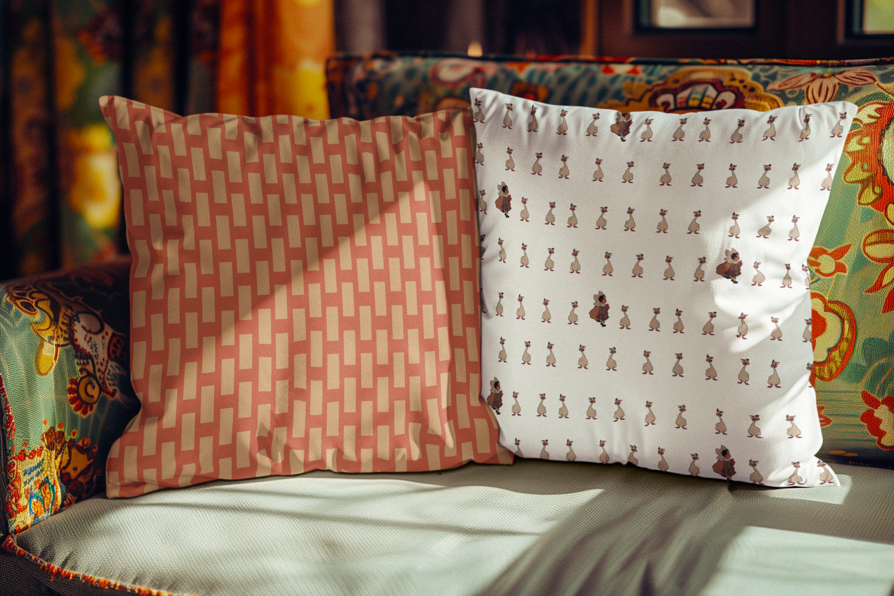 Two patterned pillows on a colorful sofa